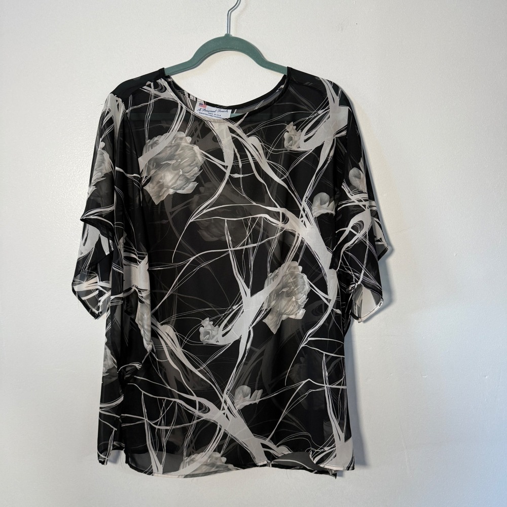 A Personal Touch Vintage‎ Black White Floral Chiffon Blouse Kimono Sleeve Large